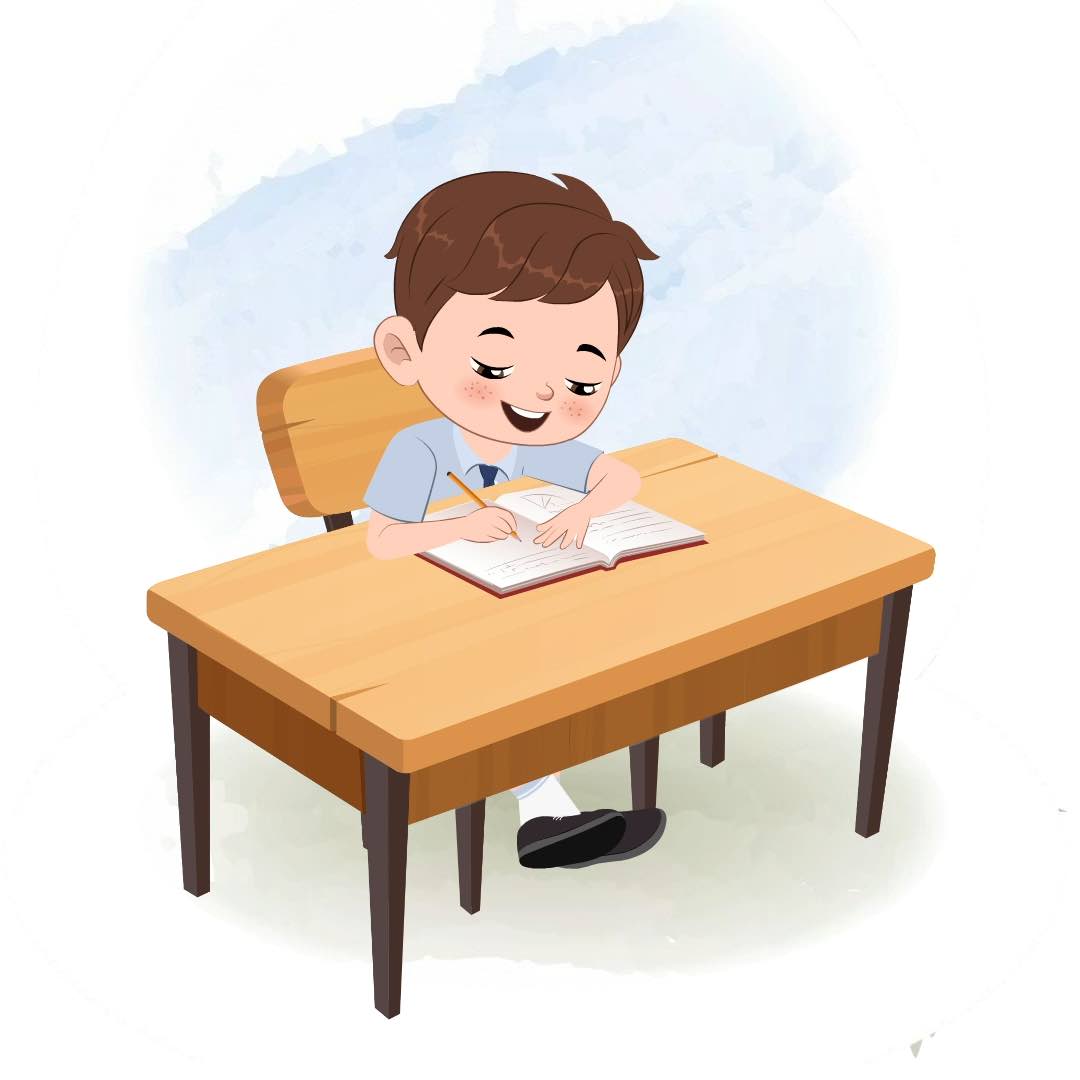 A cute little school boy doing homework and sitting on the table animated cartoon character aka patrick