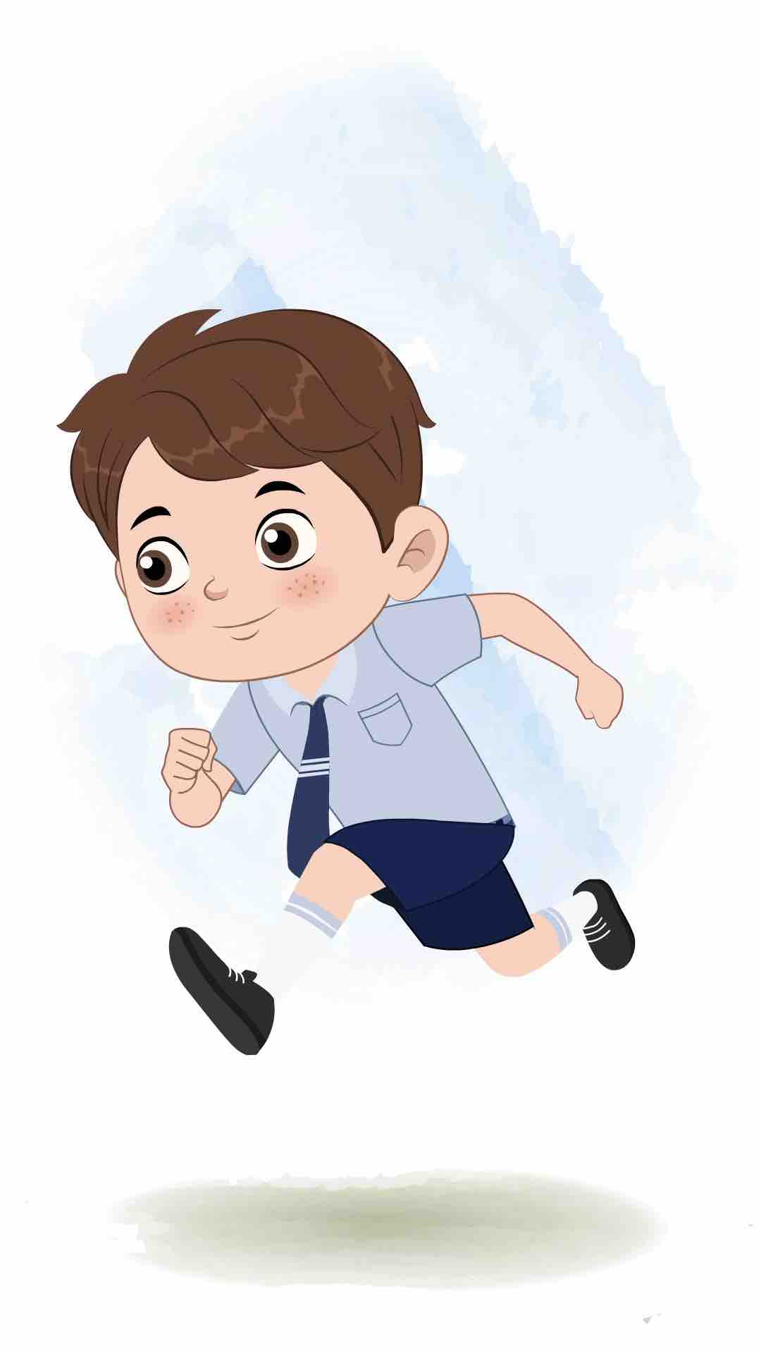 A cute little boy running three quarter view animated cartoon character aka patrick