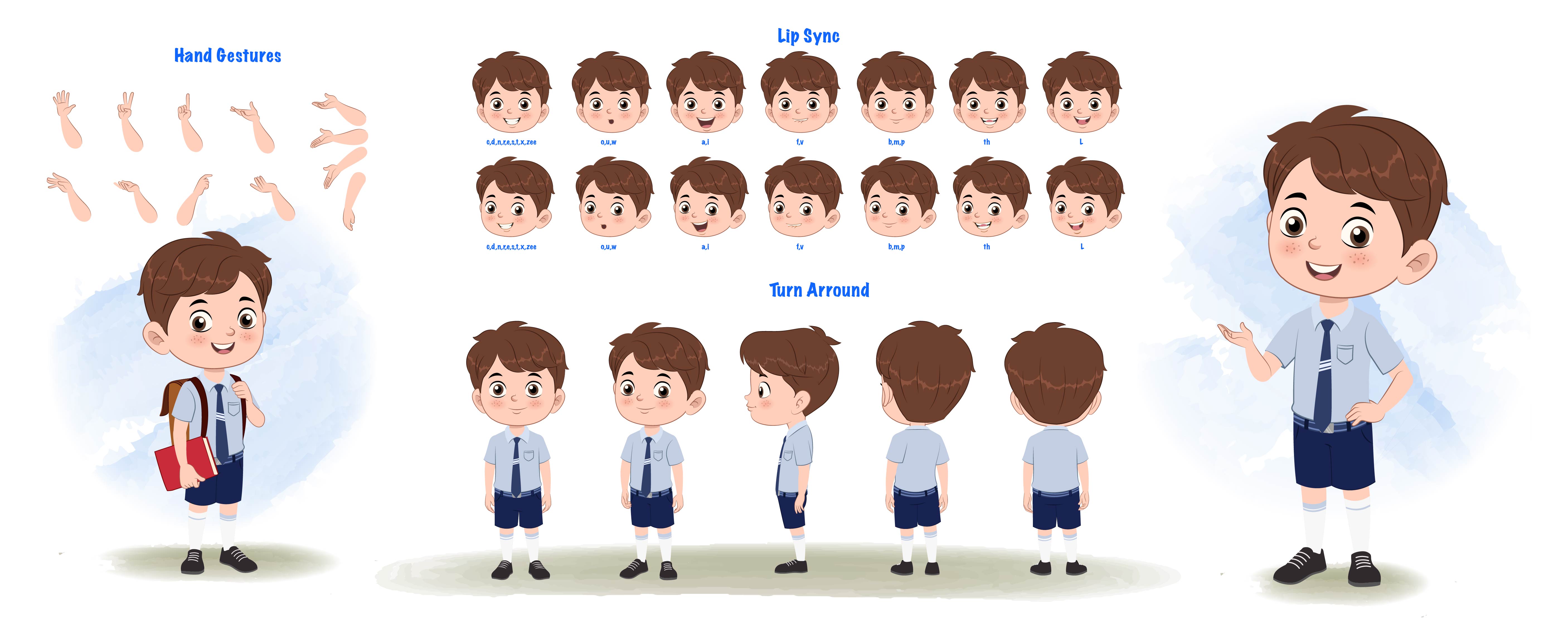 A cute little school boy cartoon character construction/model sheet aka patrick