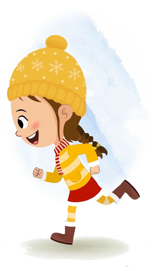 A cute girl in winter clothes running fast side view animated cartoon character aka nancy