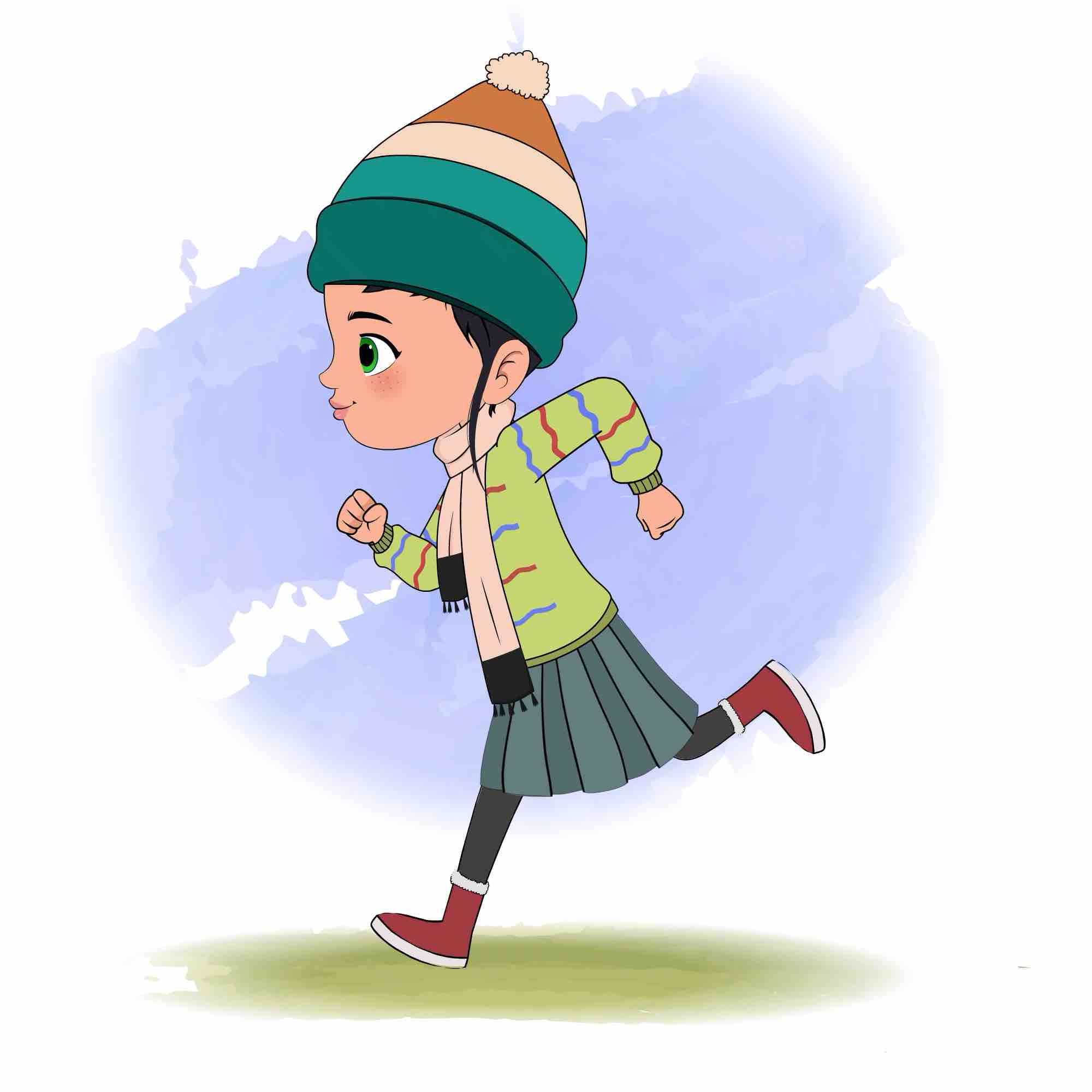 A cute girl running fast side view animated cartoon character aka micki