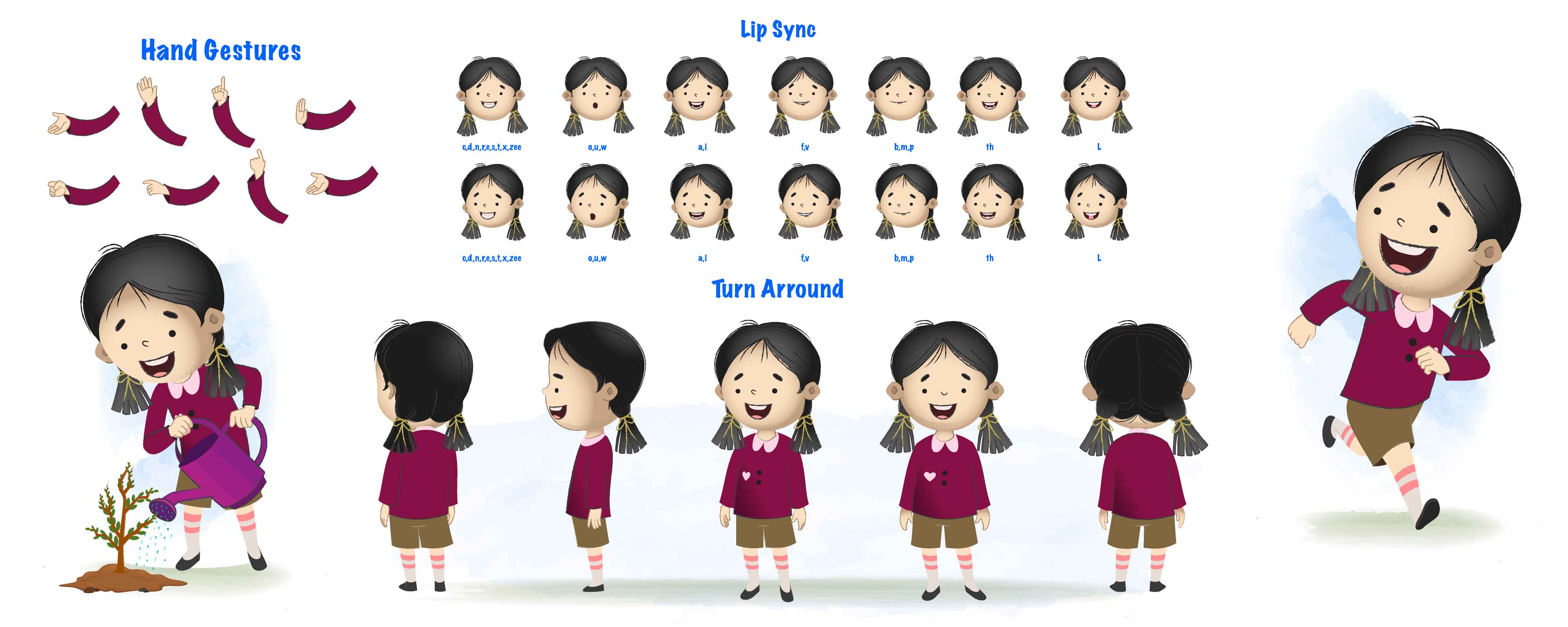 A school girl cartoon character construction/model sheet aka chiku