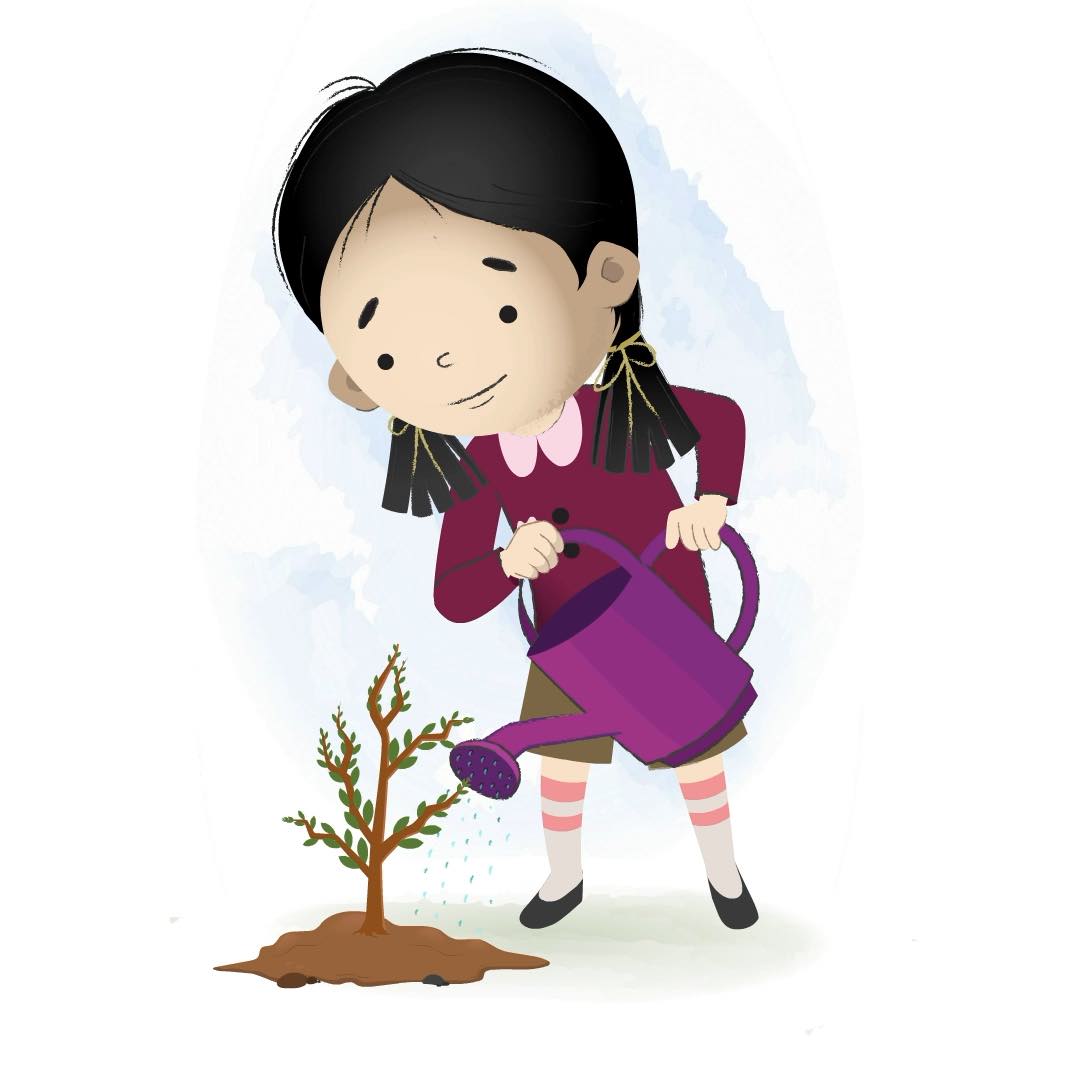 A school girl watering in plants animated cartoon character aka chiku,vector,illustration,graphic,clipart,cartoon,chiku