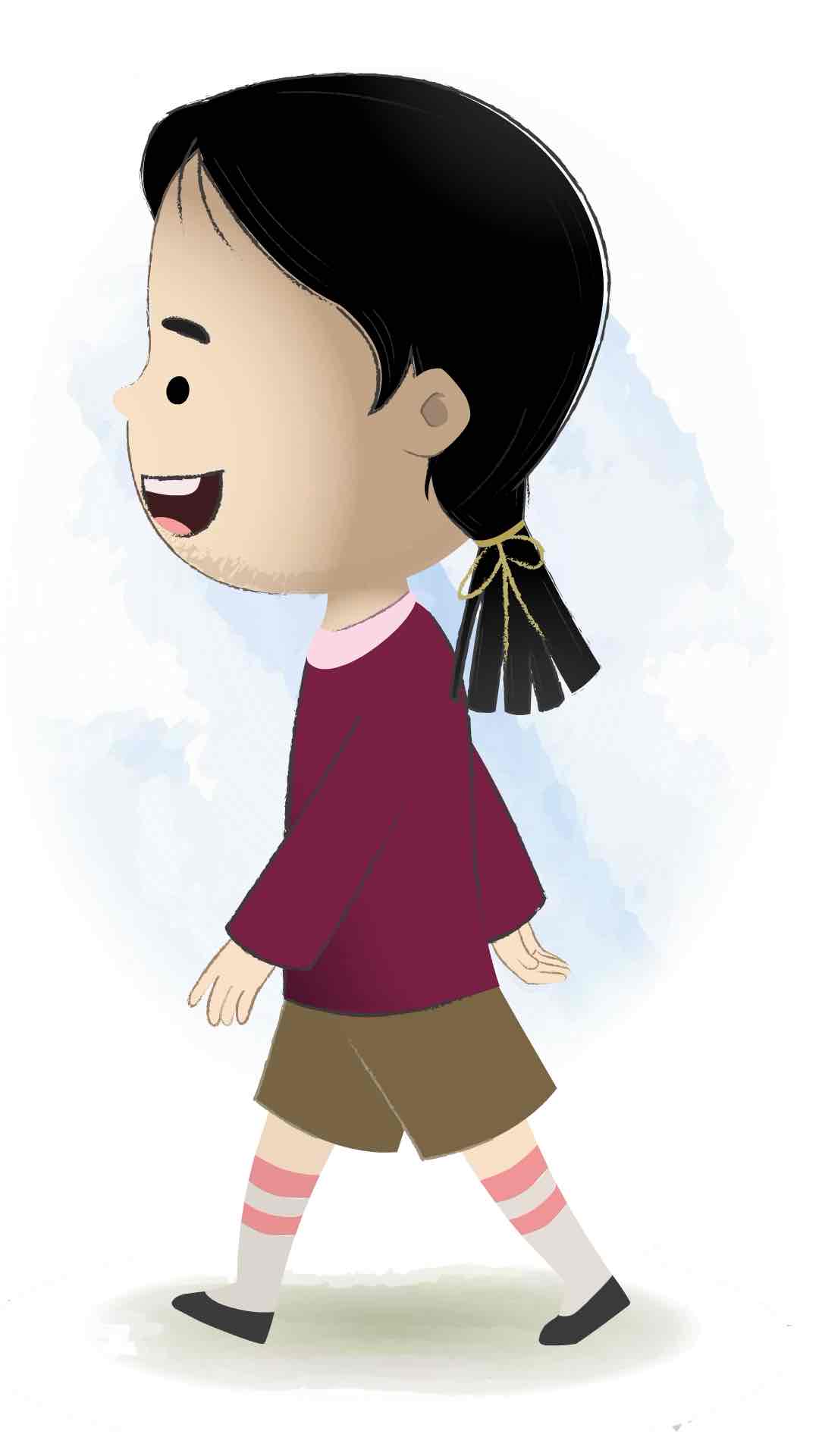 A school girl walking side view animated cartoon character aka chiku