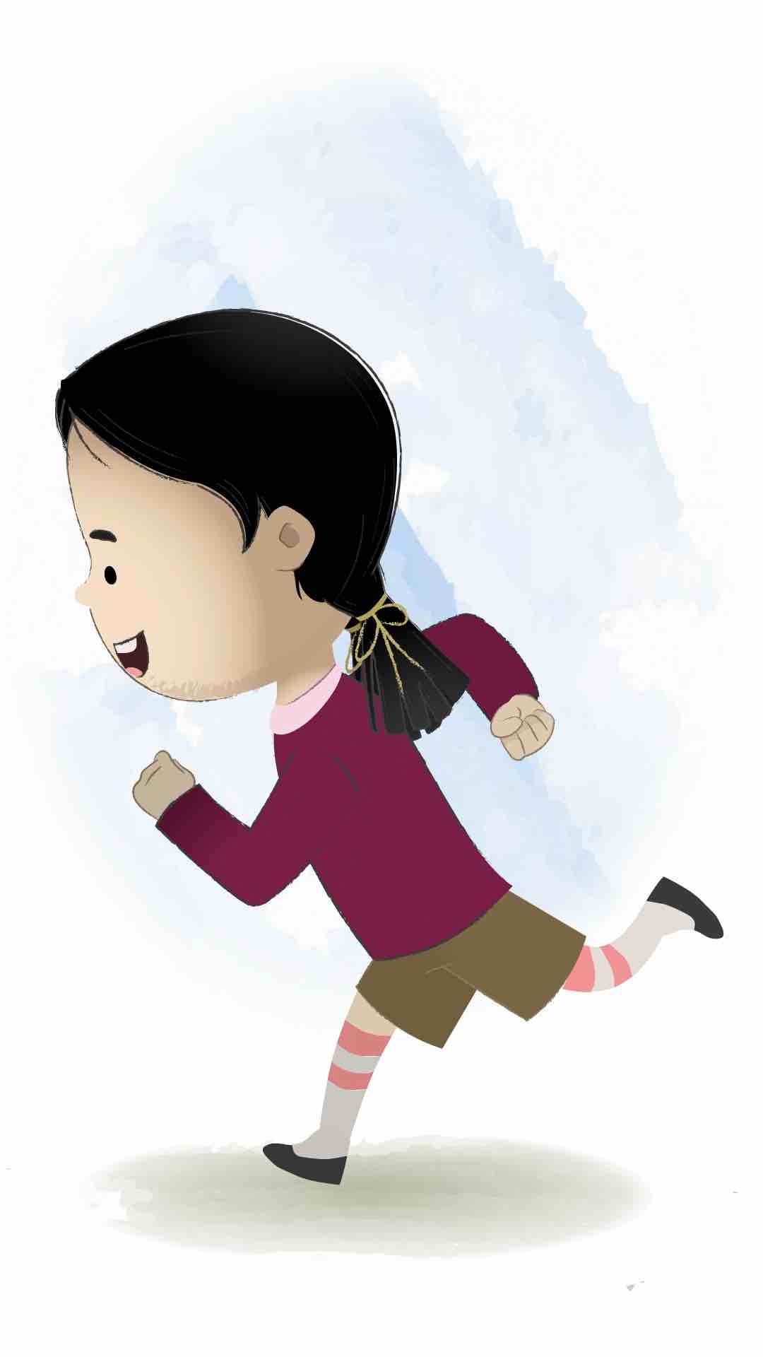 A school girl running fast side view animated cartoon character aka chiku