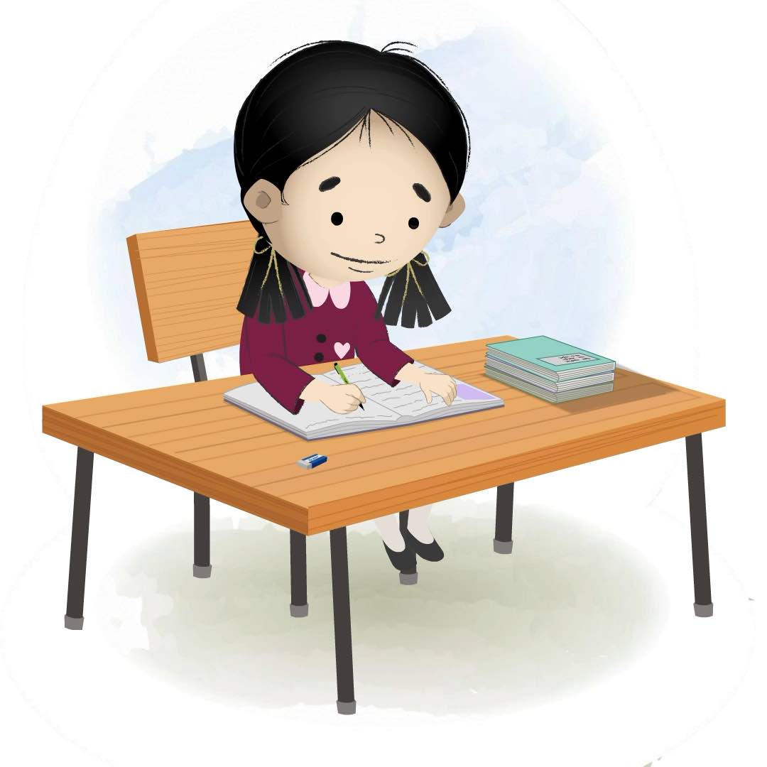 A school girl doing homework and sitting on the table animated cartoon character aka chiku