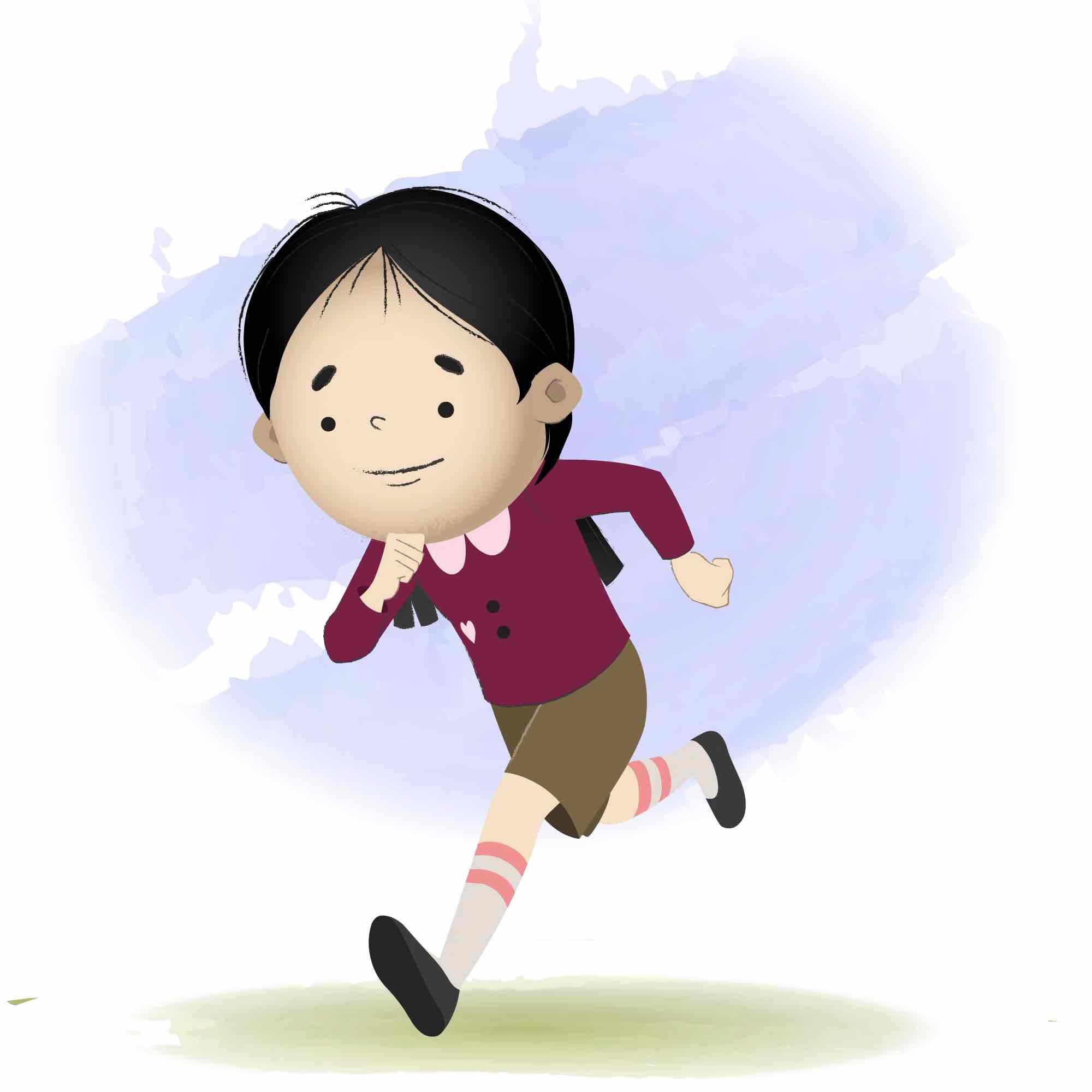 A school girl running three quarter view animated cartoon character aka chiku