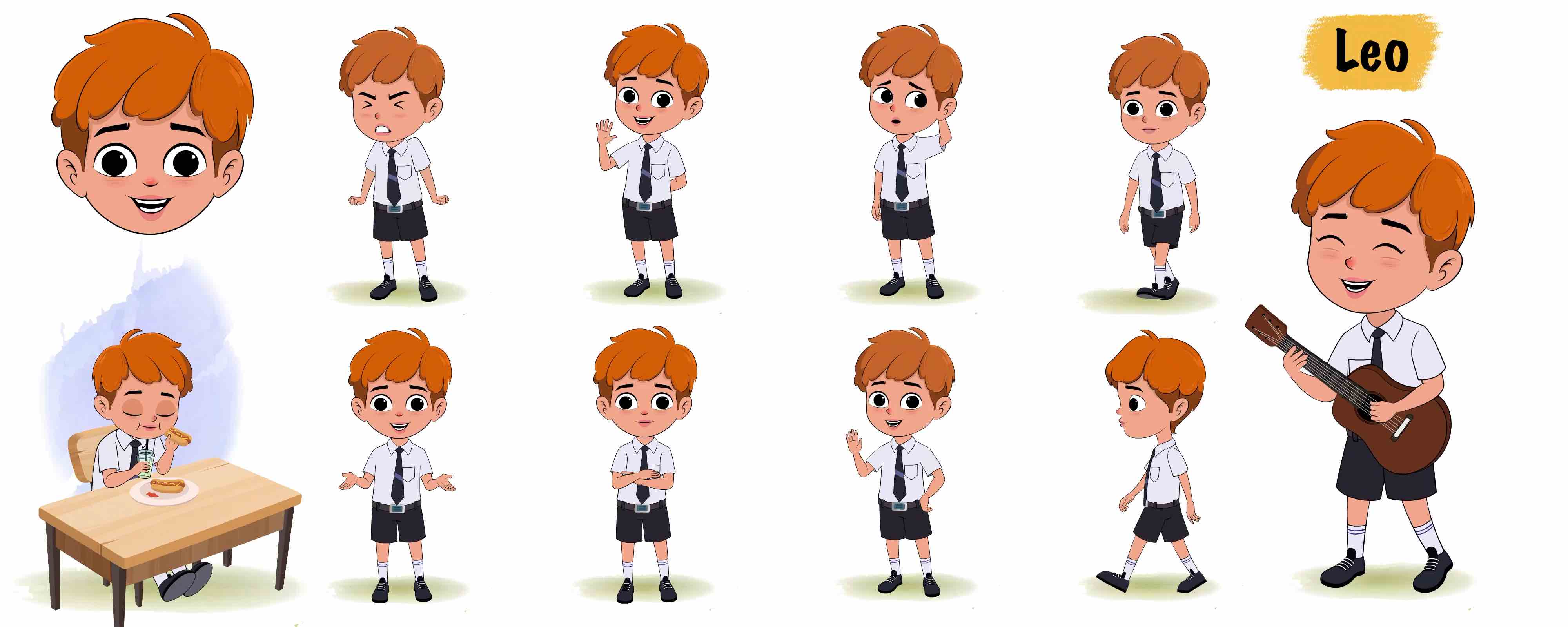 School boy animated vector cartoon character model sheet AKA Leo