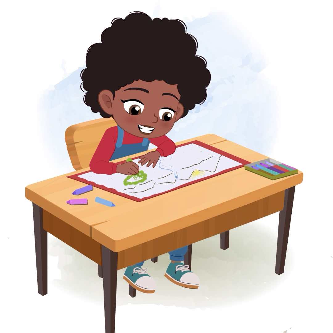 A cute black girl is sitting at a table with some crayons and coloring on the paper aka jenny