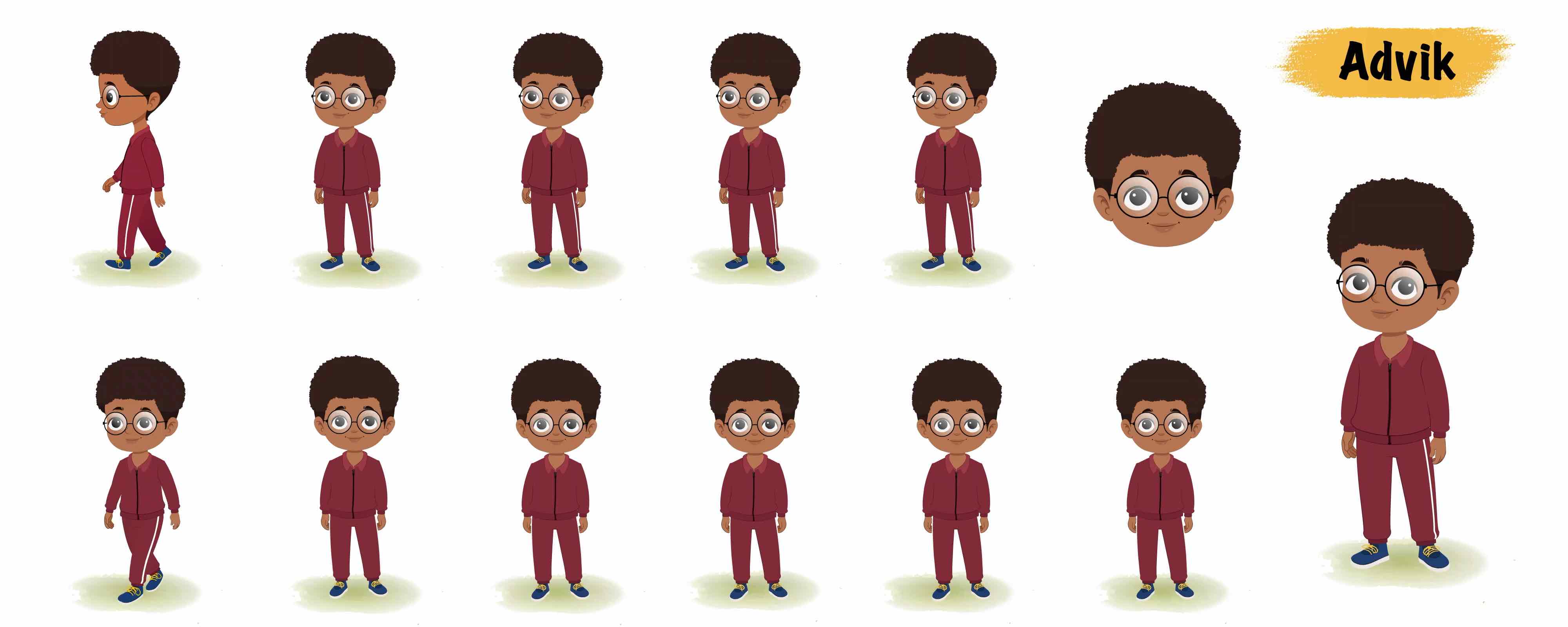 Cute black boy animated vector cartoon character model sheet AKA Advik