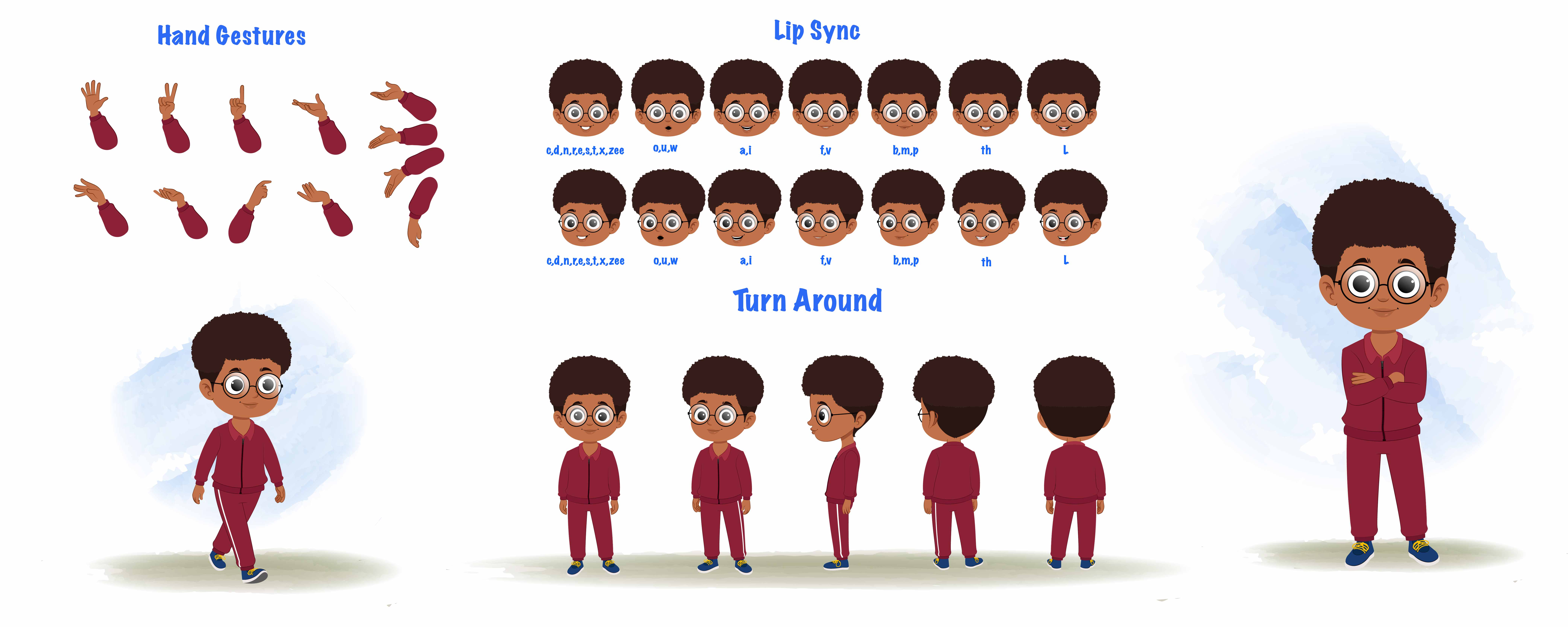 A cute black boy cartoon character construction/model sheet aka advik