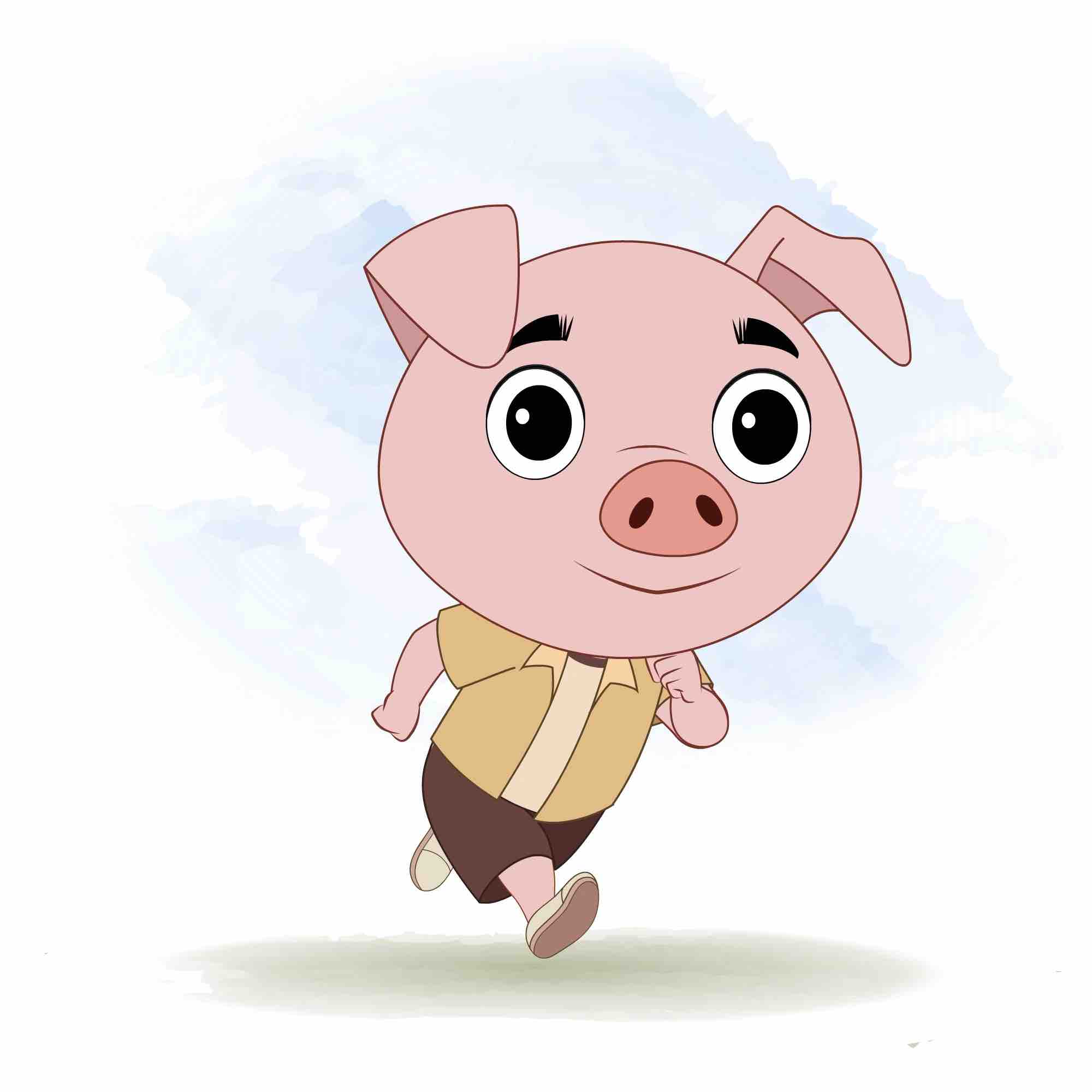 A cute pig running three quarter view animated cartoon character aka puffy the pig