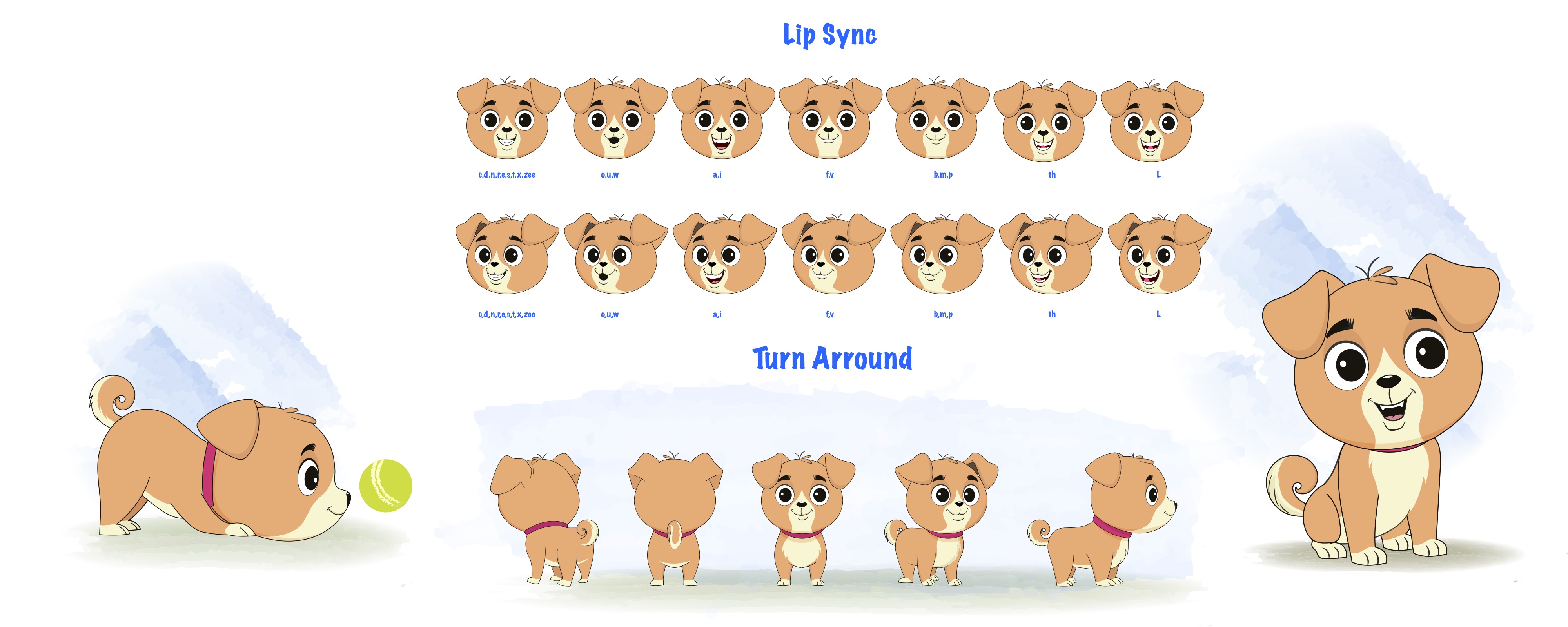 A little dog cartoon character construction/model sheet aka rocky the dog