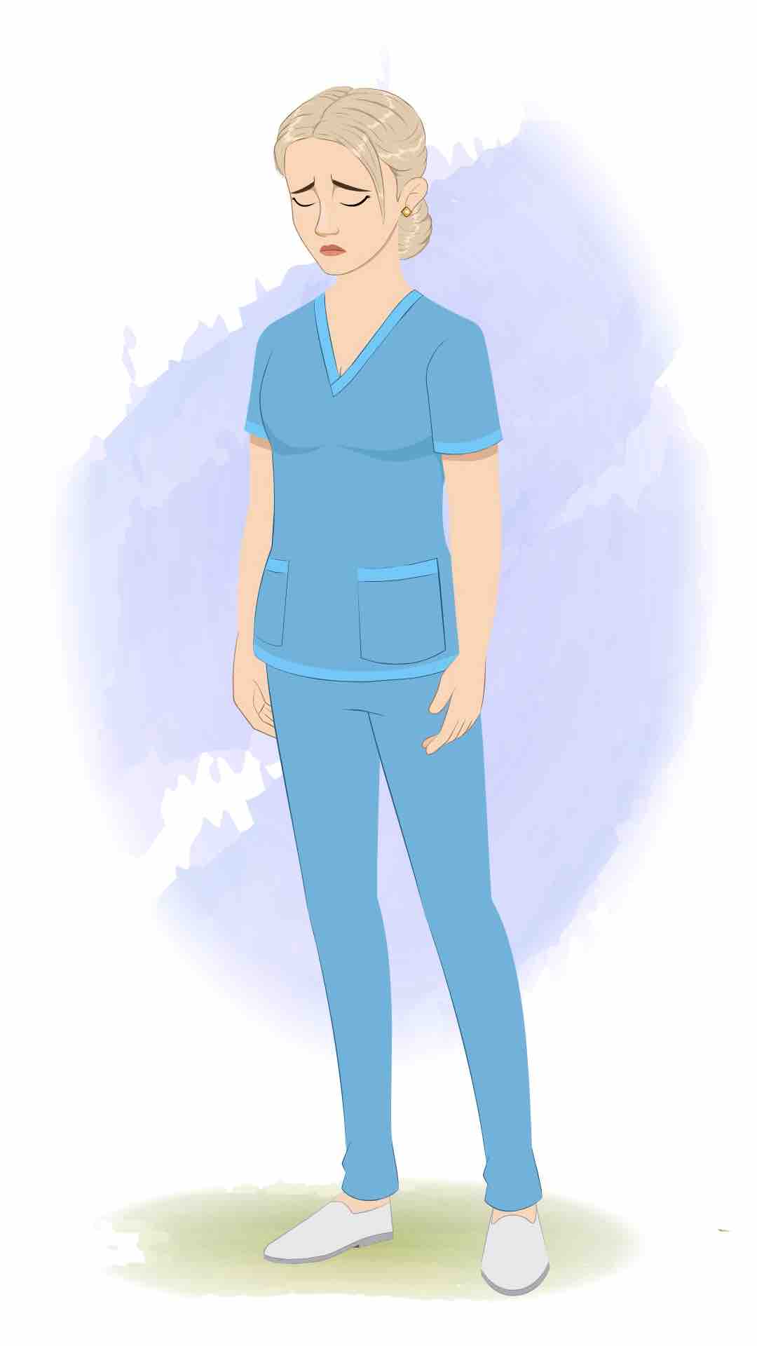 A beautiful female sad nurse animated cartoon character aka amy