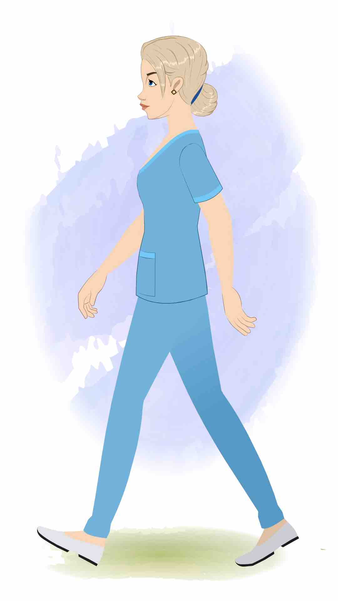 A beautiful female nurse walking side view animated cartoon character aka amy