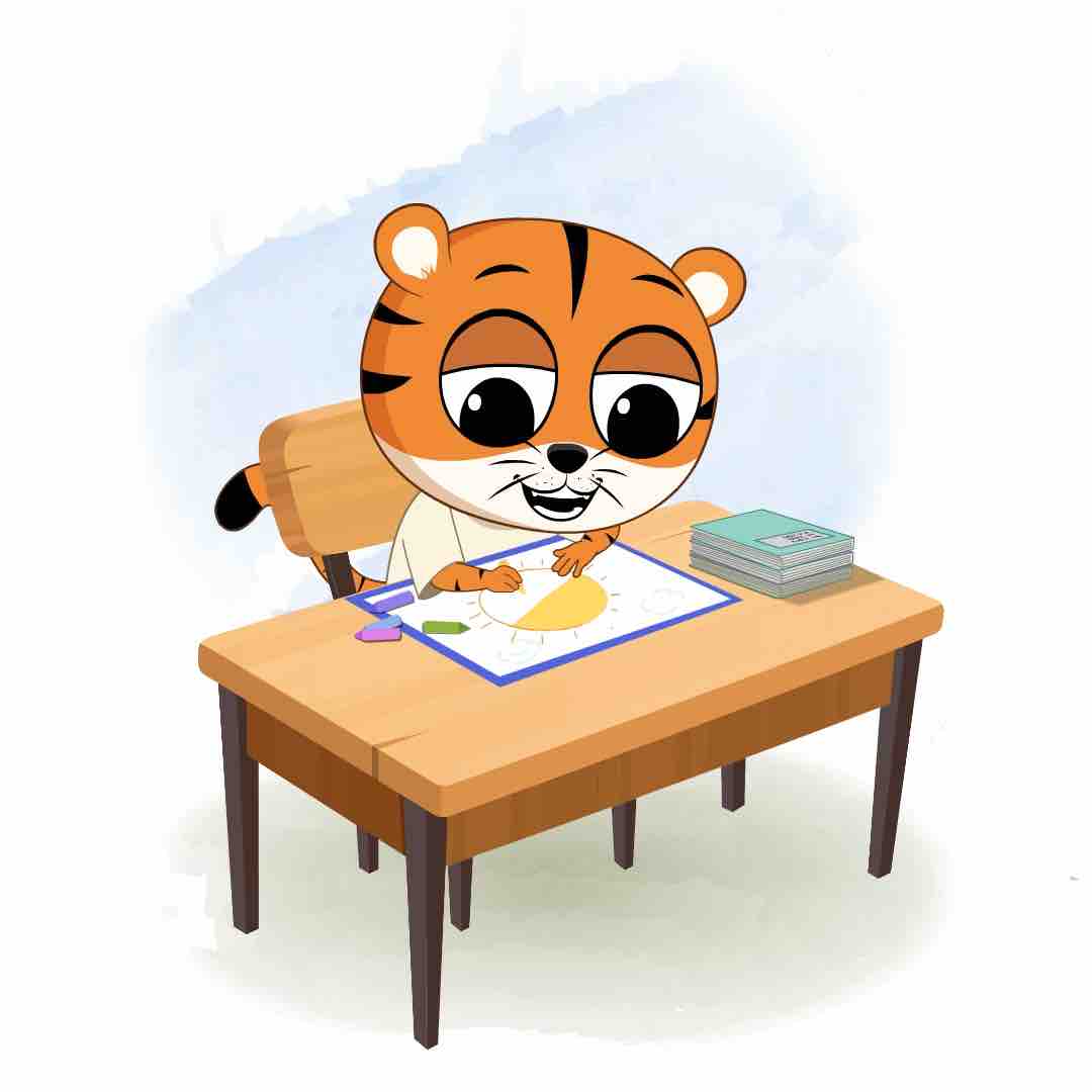 A tiger is sitting at a table with some crayons and colouring on the paper aka tyler the tiger