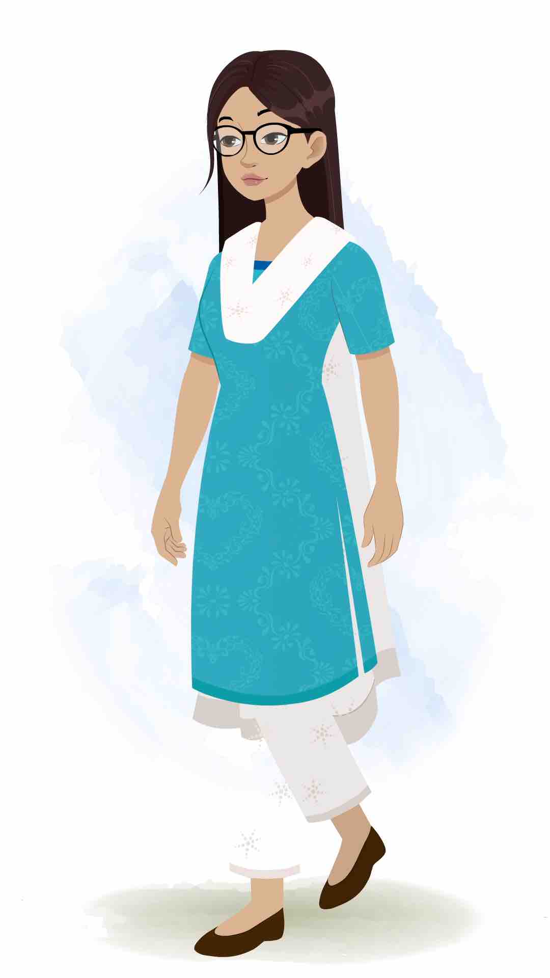 An Indian female teacher 3/4 front view/three quarter view walking animated cartoon character aka miss lata