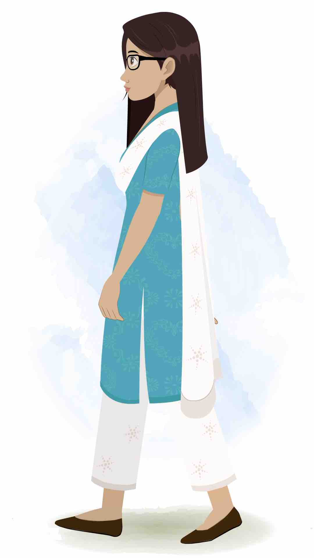 An Indian female teacher walking side view animated cartoon character aka miss lata