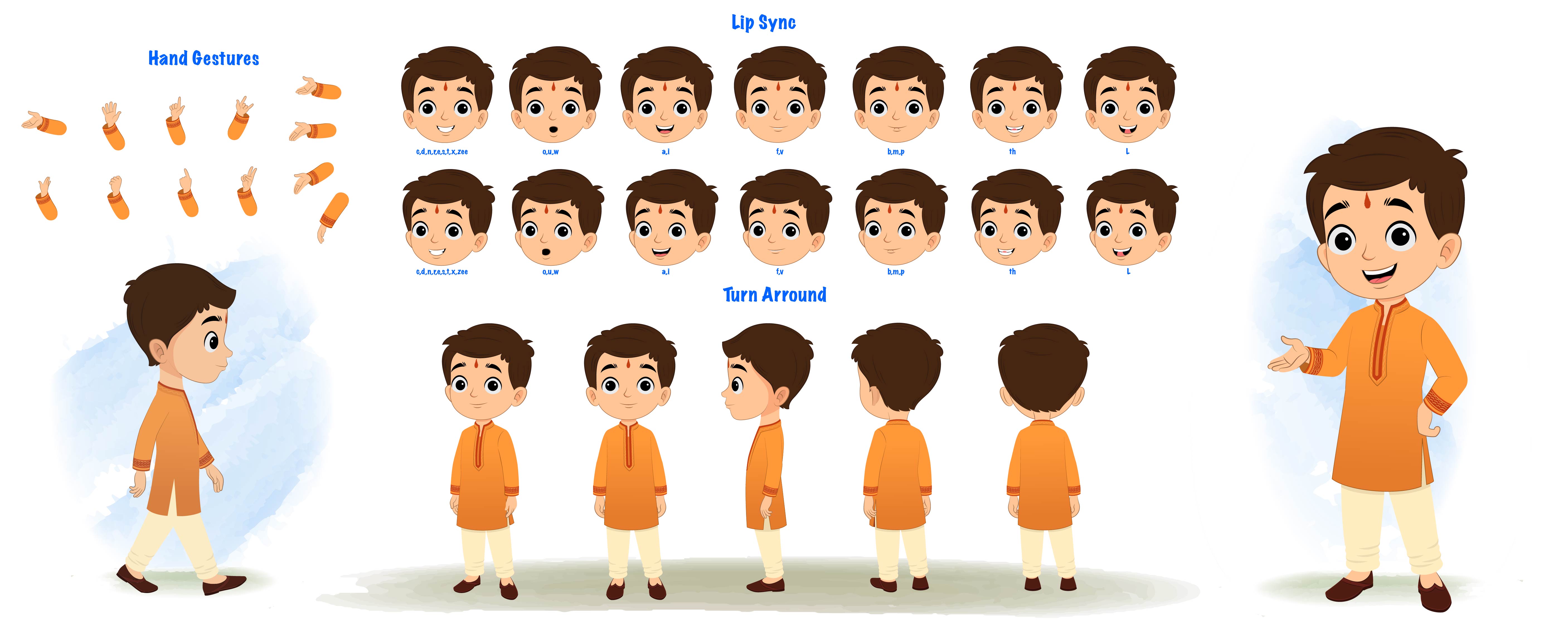 An Indian boy cartoon character construction/model sheet aka bittu