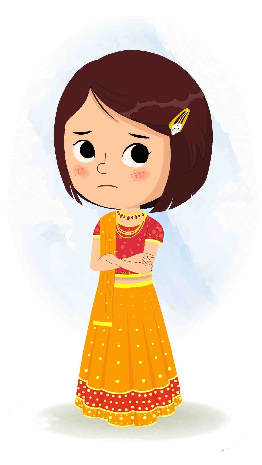 An annoyed Indian girl in traditional clothes animated cartoon character aka misti