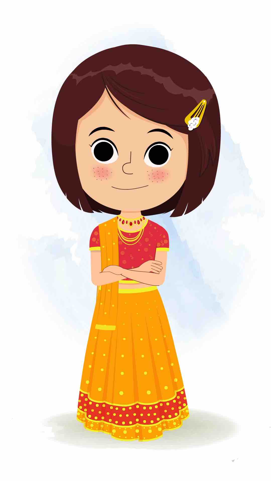 An Indian girl in traditional clothes standing with cross hand and talking animated cartoon character aka misti