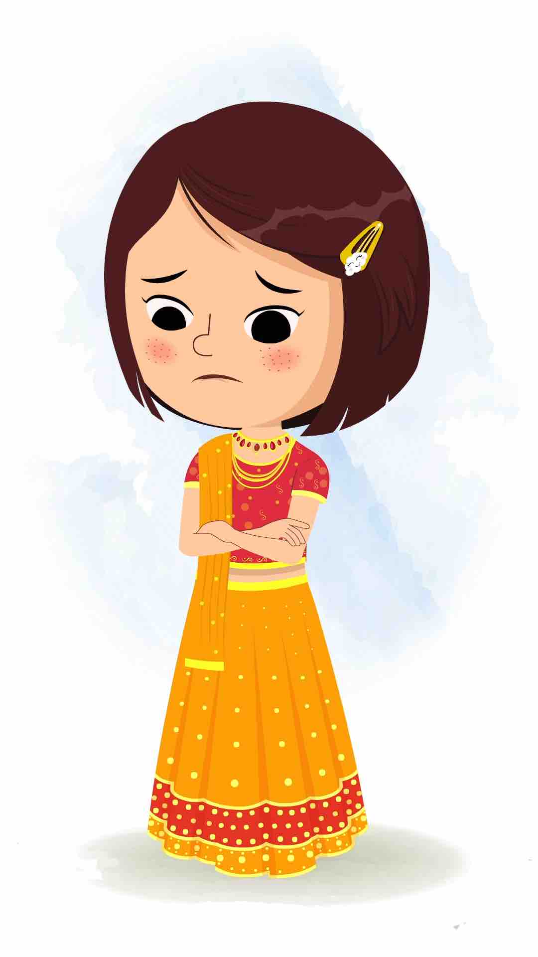 An Indian girl in traditional clothes sad animated cartoon character aka misti