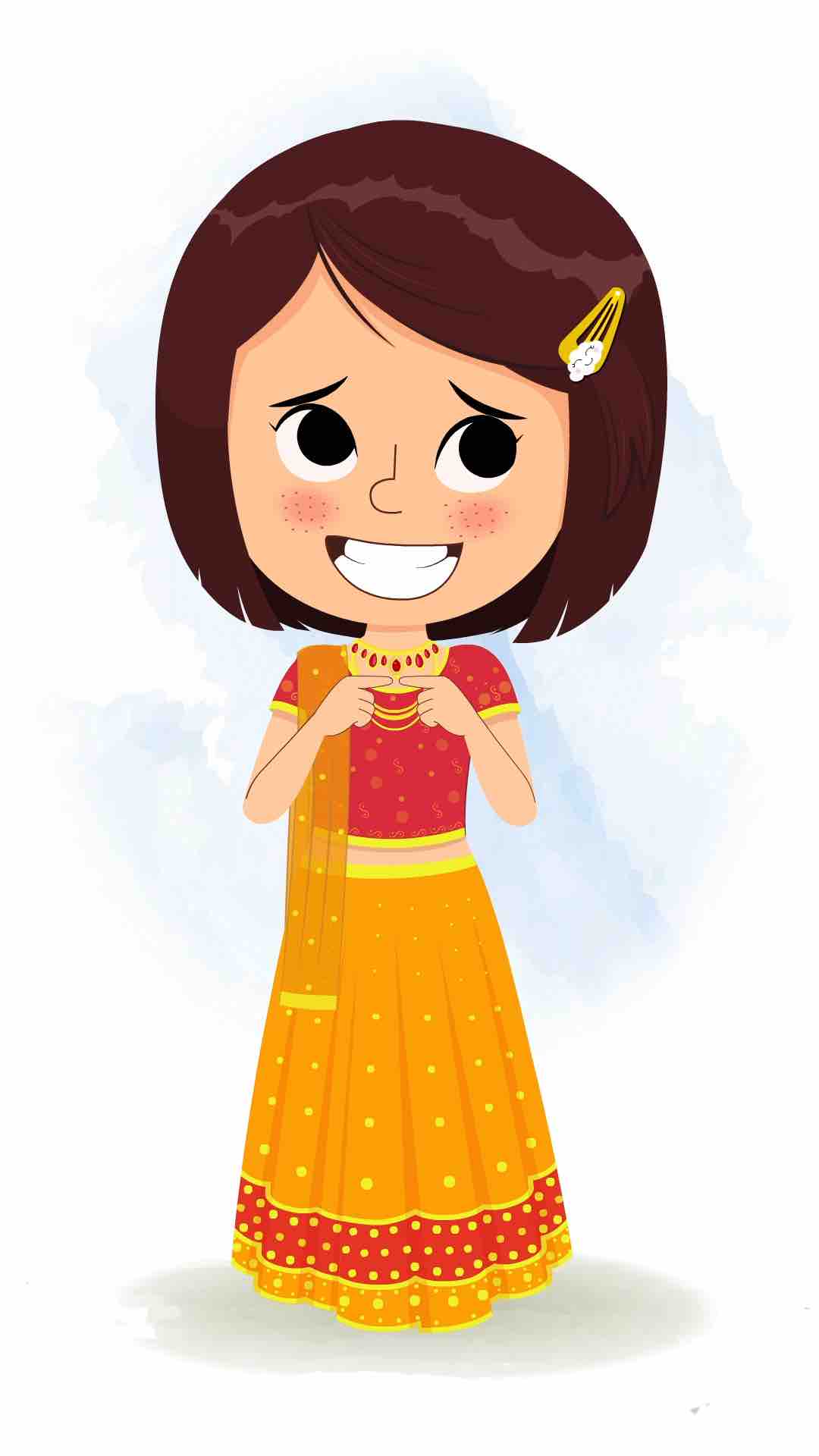 A nervous Indian girl in traditional clothes animated cartoon character aka misti