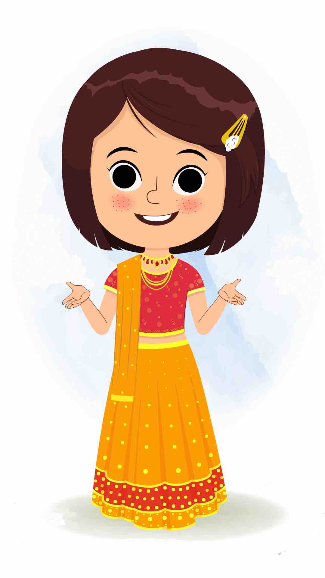 An Indian girl in traditional clothes talking animated cartoon character aka misti