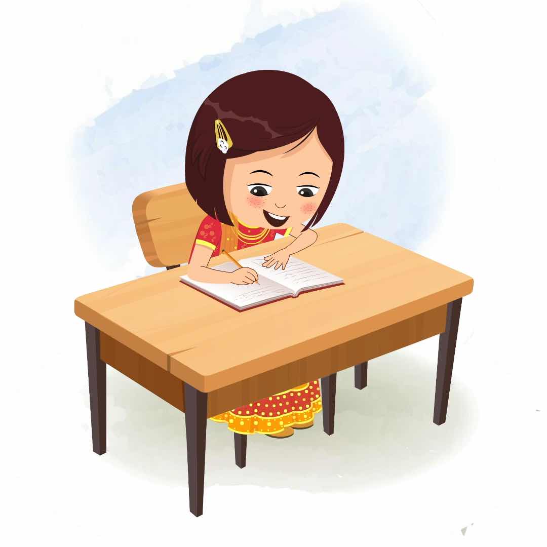 An Indian girl in traditional clothes doing homework and sitting on the table animated cartoon character aka misti