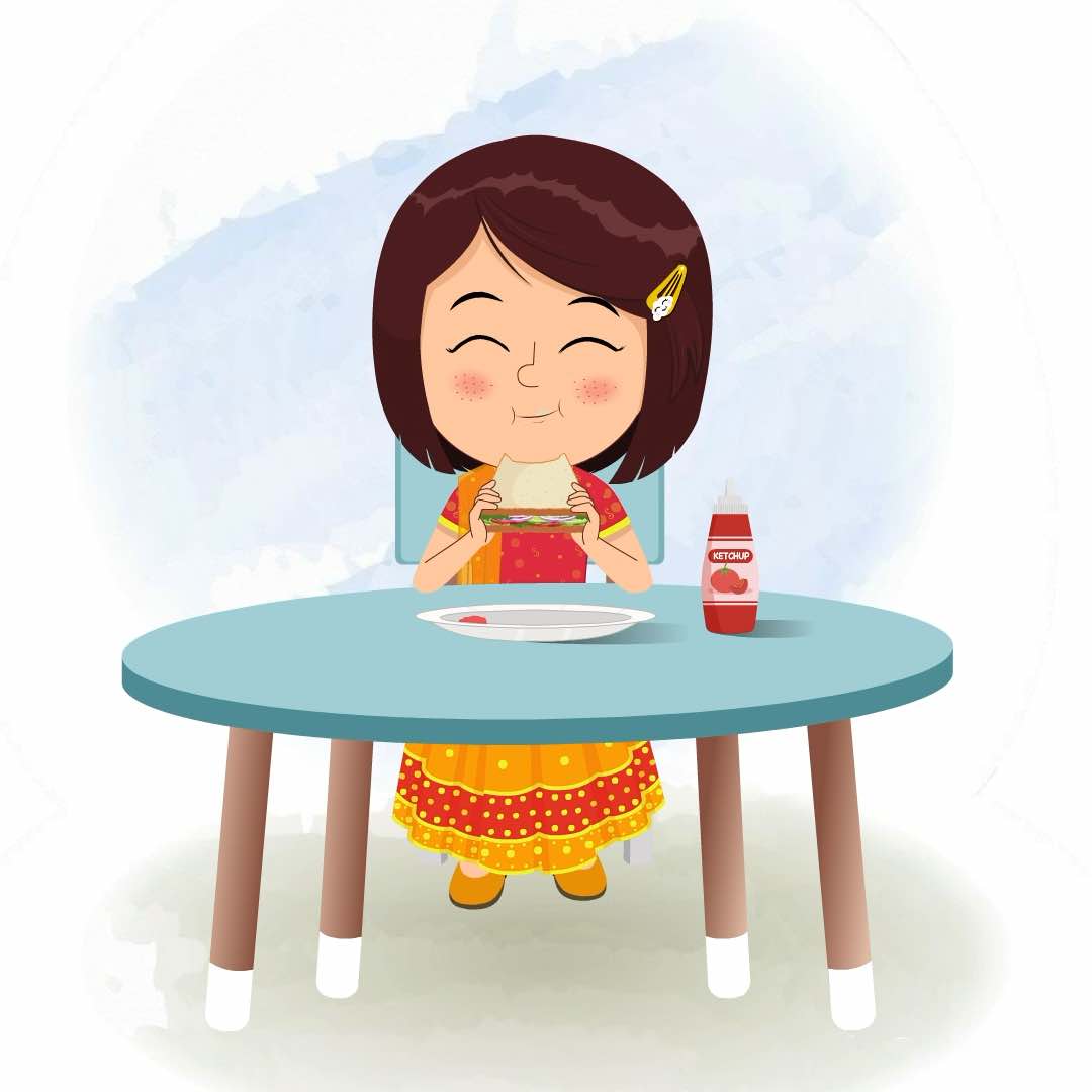 An Indian girl in traditional clothes animated cartoon character sitting at a table and eating a sandwich aka misti