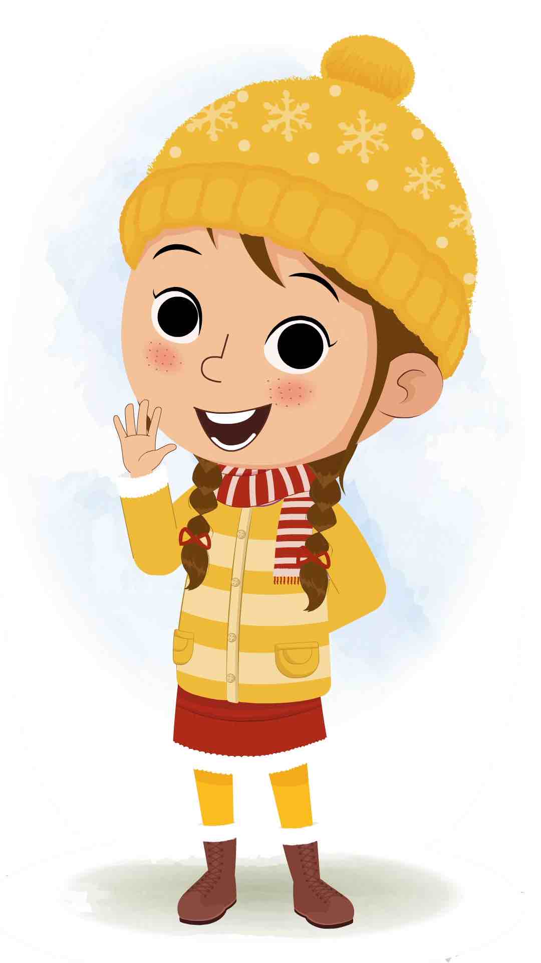 A cute girl in winter clothes saying hello animated cartoon character aka nancy