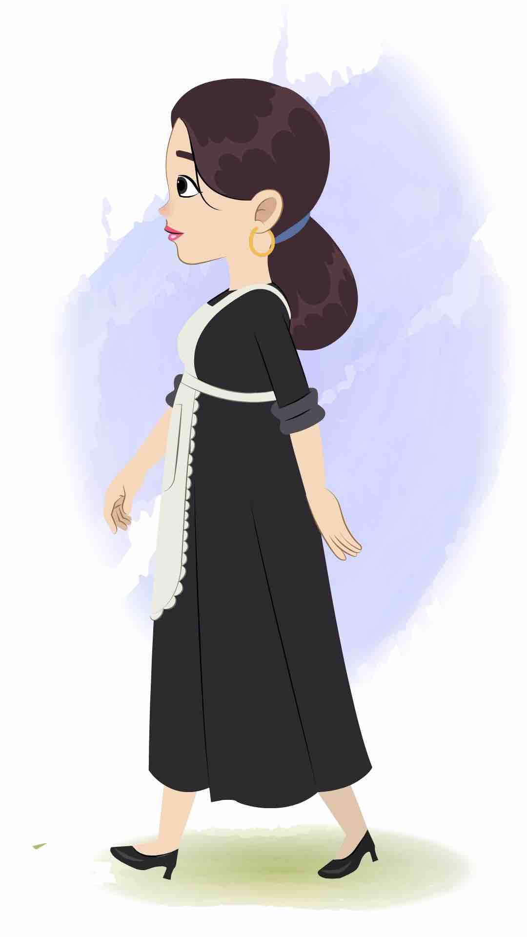 A housekeeper walking side view animated cartoon character aka avni