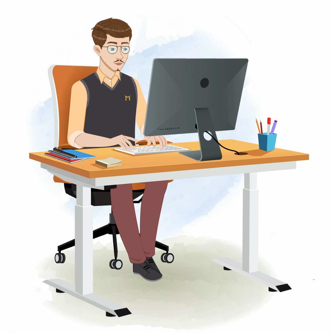 A male teacher animated cartoon character working on a computer aka Mr John