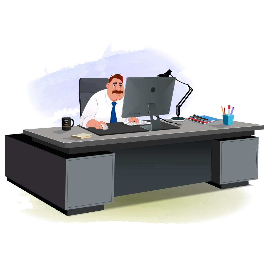 An Indian business man animated cartoon character working on a computer aka Mr. Parker