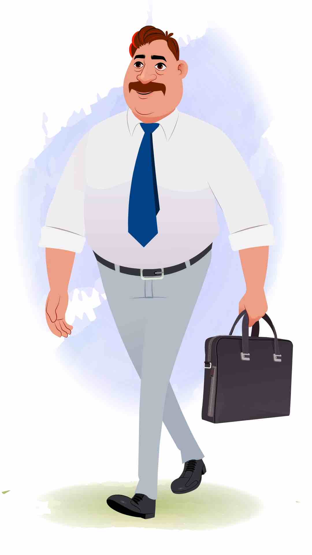 An Indian business man 3/4 front view/three quarter view walking animated cartoon character aka Mr. Parker