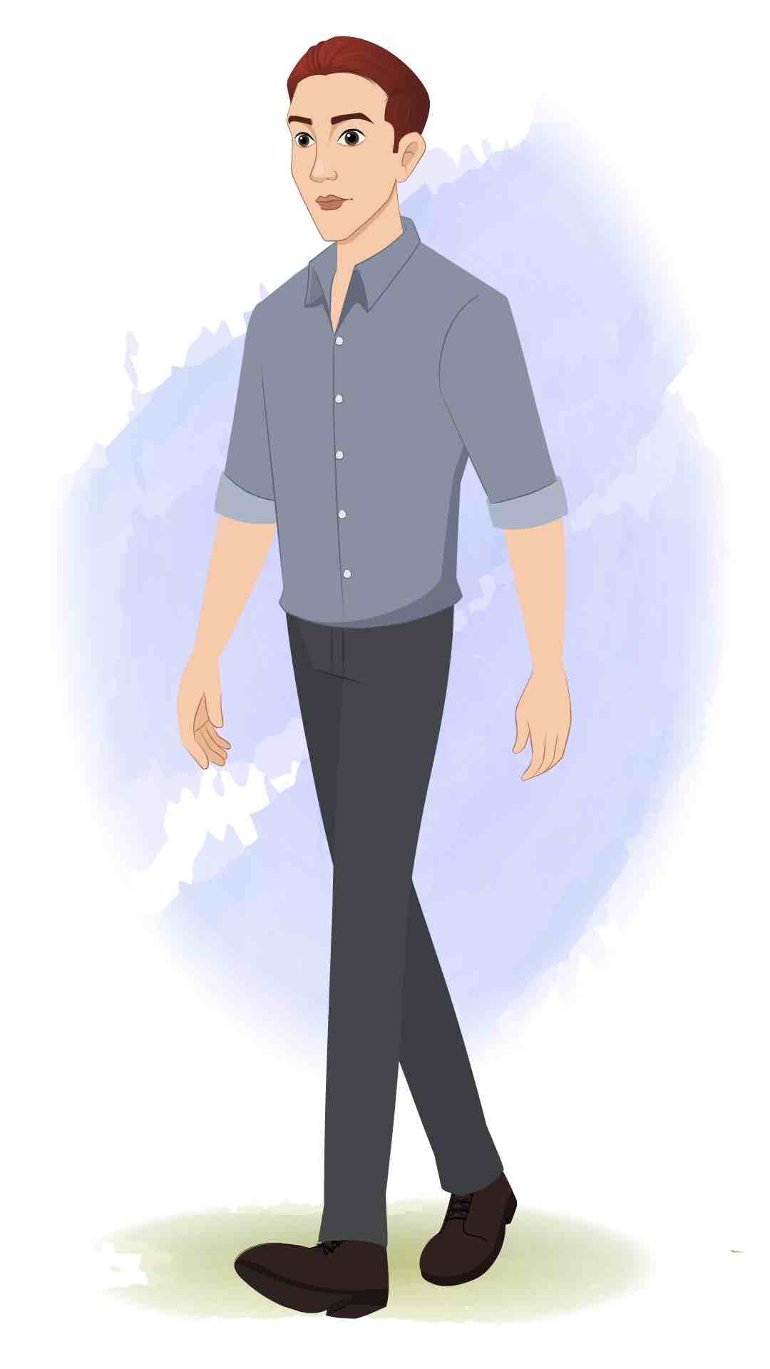 An office Man 3/4 front view/three quarter view walking animated cartoon character aka Yuvi